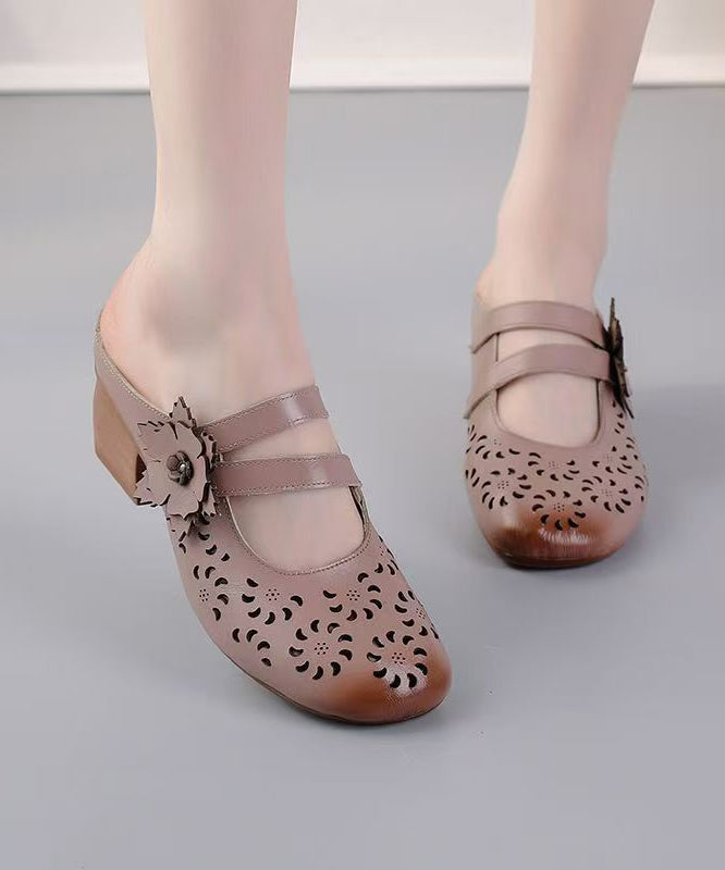 Boho Cowhide Leather Splicing Brown Slide Sandals Hollow Out