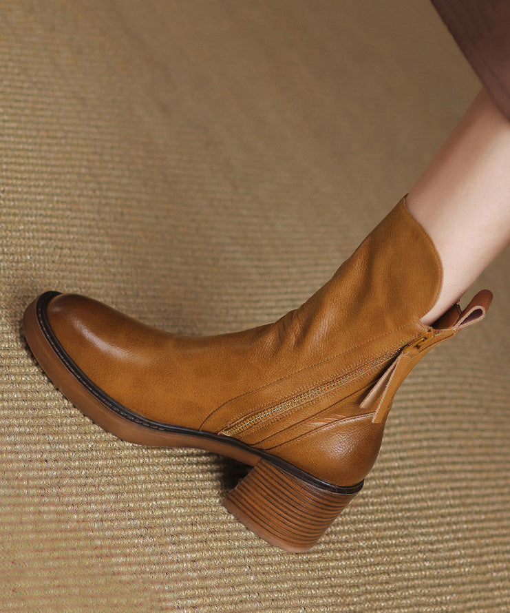 Boutique Splicing Chunky Boots Brown Cowhide Leather