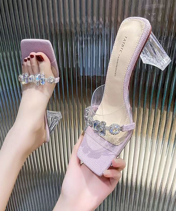 Purple Zircon Clear Chunky Heel Slide Sandals Peep Toe