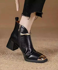 Classy Black Faux Leather Splicing Chunky Boots