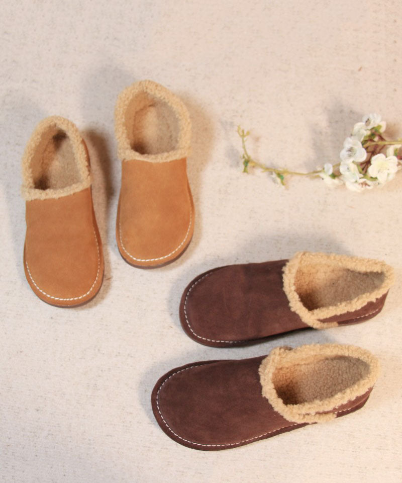 Fine Cowhide Leather Flat Shoes For Khaki Fuzzy Wool Lined Flat Feet Shoes