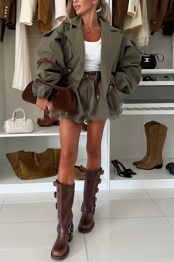 Style Button Long Balloon Sleeve Pocket Lapel Casual Bomber Jacket