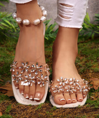 Women Beige Slide Sandals Peep Toe Floral Zircon