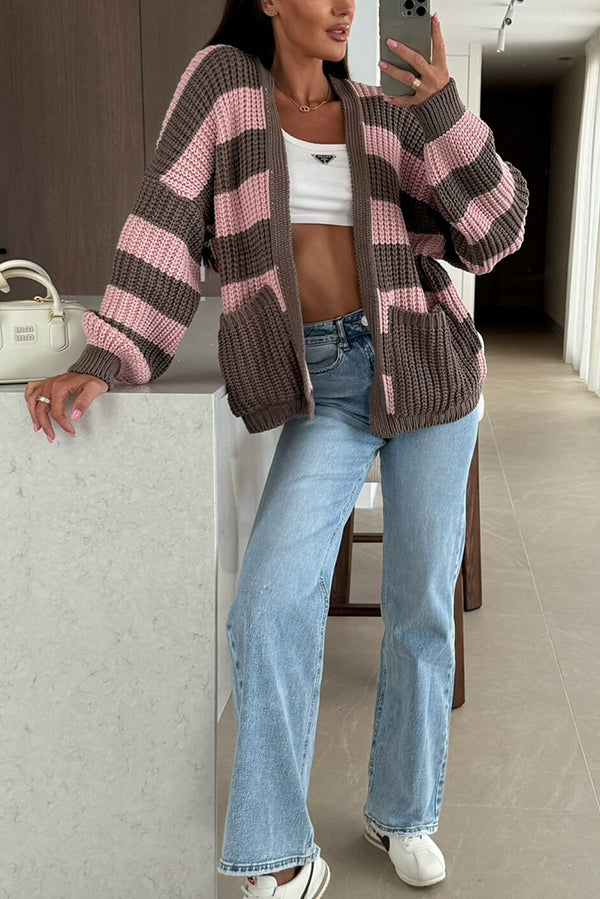 Patchwork Striped Casual Pocket Knitted Sweater