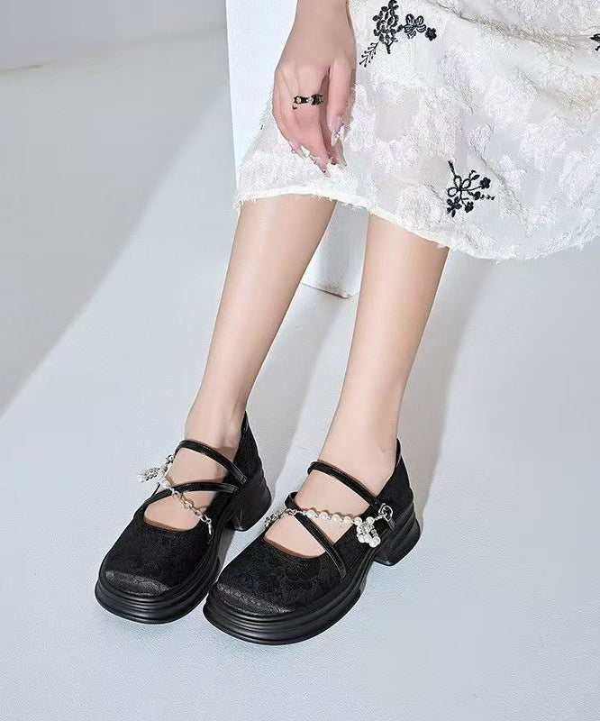 French Beige Platform Loafer Shoes Cross Strap Bead