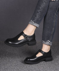 Black Cowhide Leather Simple Splicing Buckle Strap Flats