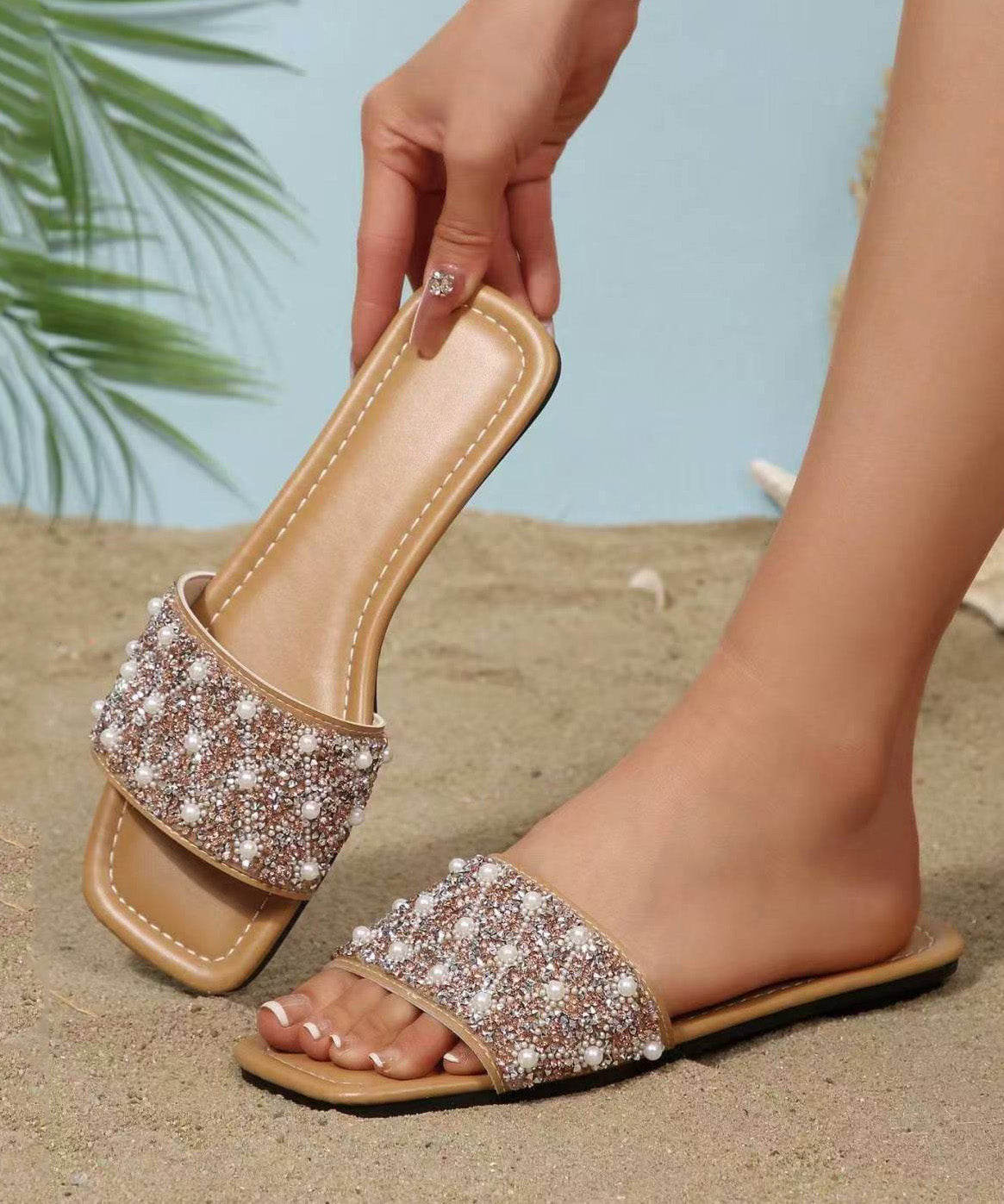 Splicing Nail Bead Apricot Faux Leather Slide Sandals