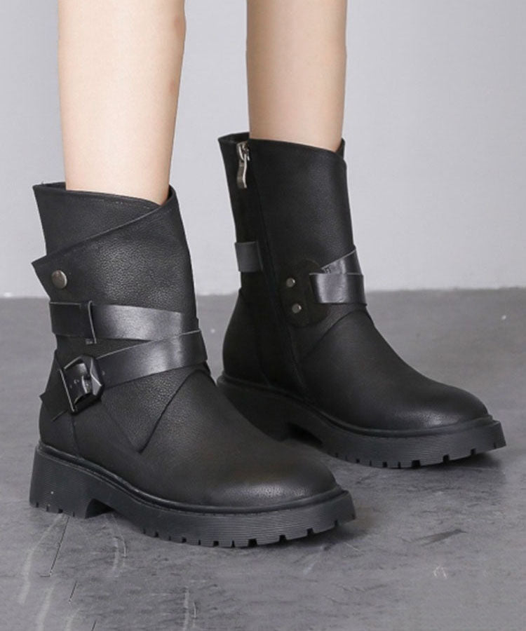 Buckle Strap Zippered Splicing Platform Boots Black Cowhide Leather