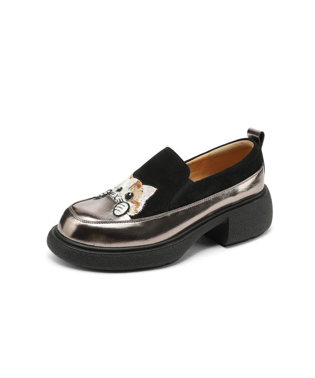Brown Cats Embroidered Suede Splicing Chunky Loafer Shoes