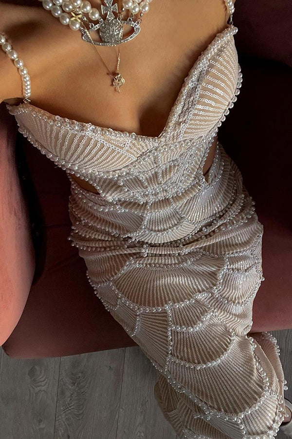 Own It Pearl Sequin Embellished Backless Cutout Strap Maxi Dress