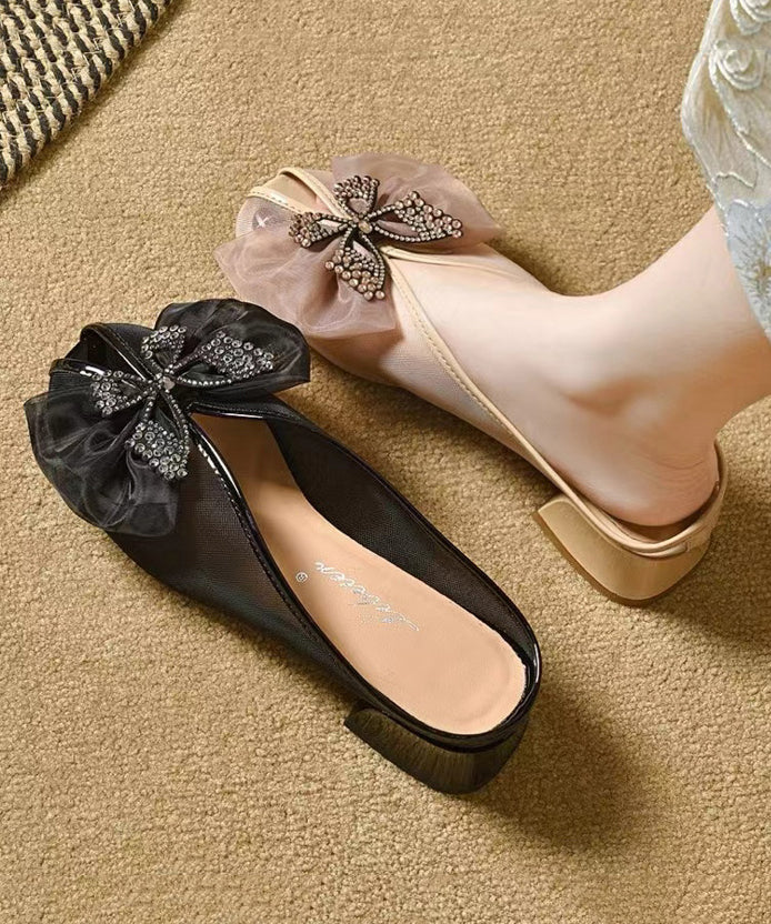 Splicing Chunky Black Tulle Bow Slide Sandals