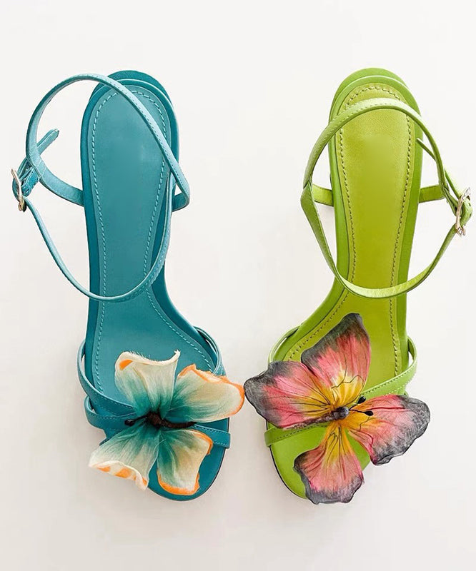 Green High Heels Cowhide Leather Sandals Splicing Butterfly