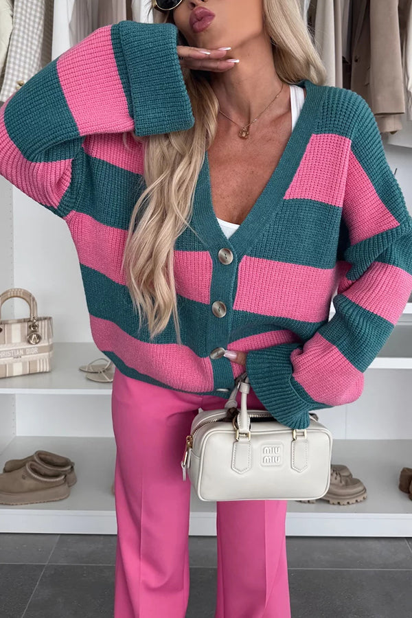 Contrast Striped Casual V-neck Long-sleeved Knitted Cardigan