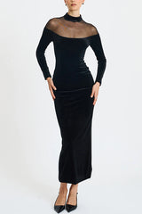 Velvet and Mesh Spliced long-sleeved Slim-fit Maxi Dress