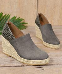 Grey Zippered Crocodile Faux Leather Splicing High Wedge Heels Shoes