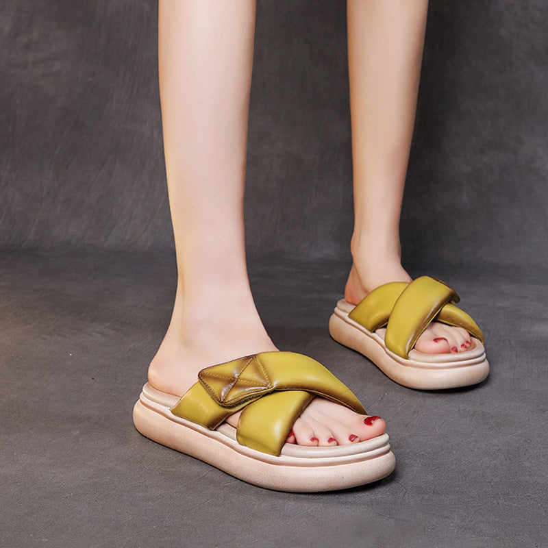 Sheepskin Leather Velcro Tape Flat Slippers