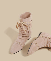 Fashion Splicing Wedge Boots Pink Suede Fuzzy Wool Lined