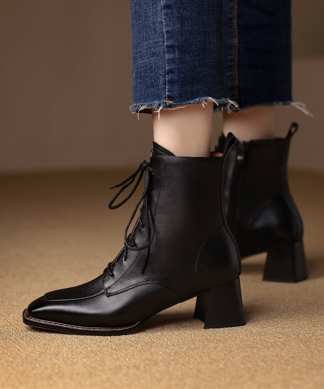 Chocolate Chunky Cowhide Leather Cross Strap Splicing Boots