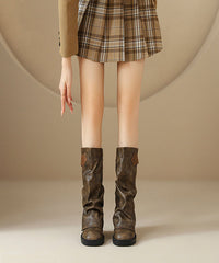 Brown Cowhide Leather Wrinkled Splicing Platform Boots