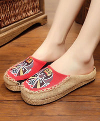 Beige Embroideried Linen Fabric Slippers Shoes Splicing