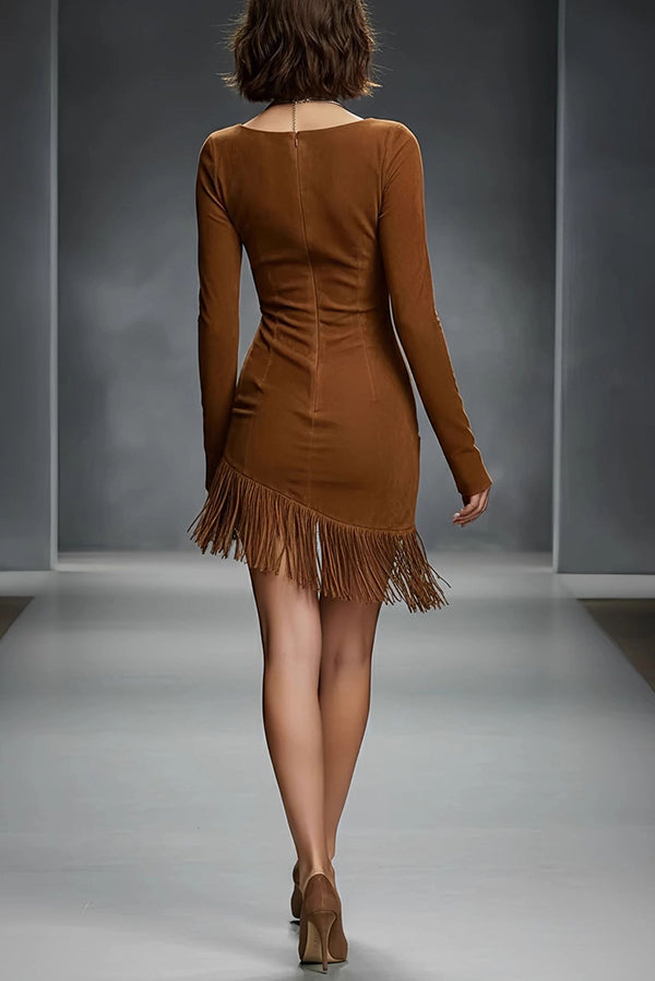 Suede Round Neck Long Sleeve Slim Fit Tassel Mini Dress