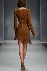 Suede Round Neck Long Sleeve Slim Fit Tassel Mini Dress