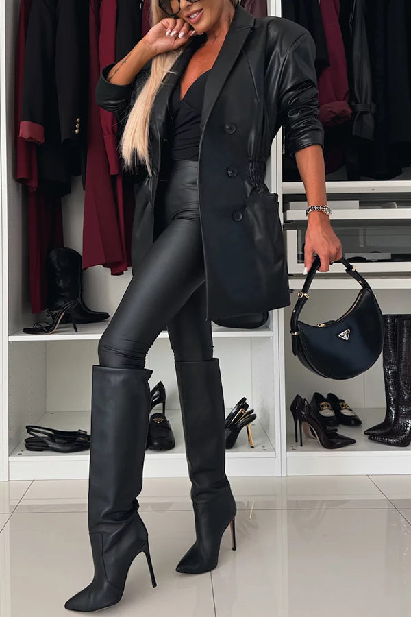 Items Faux Leather Button Up Elastic Waistband Lapel Blazer