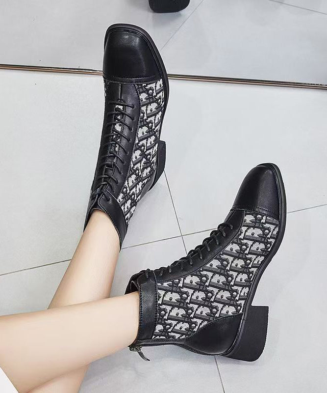 Splicing Chunky Boots Black Faux Leather Lace Up