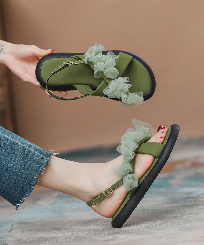 Green Peep Toe Strap Tulle Splicing Genuine Leather Sandals