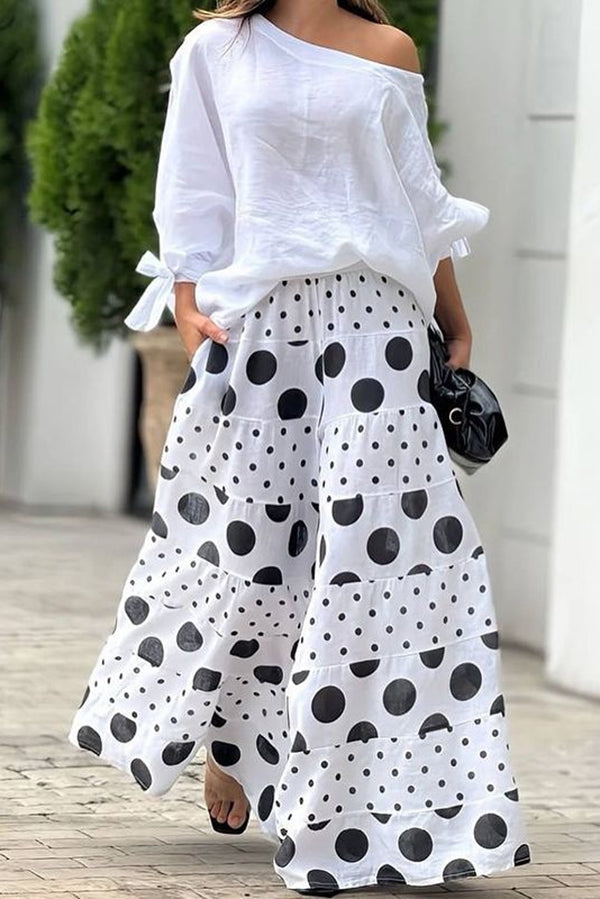 Tie-cuff Loose Top and Polka Dot Print Pocket Wide Leg Pants Set