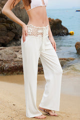 Solid Color Openwork Waist Tie Casual Knit Straight Leg Pants
