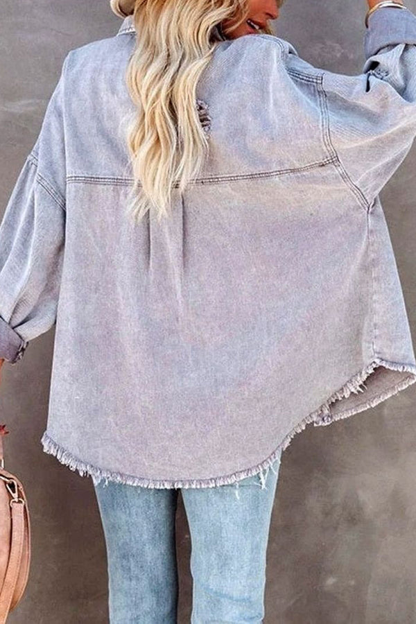 Lapel Long Sleeve Ripped Denim Jacket