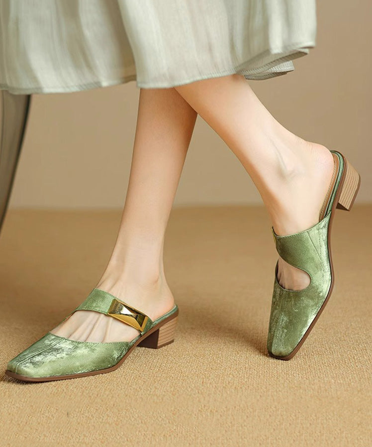 Classy Green Cowhide Leather Splicing Slide Sandals