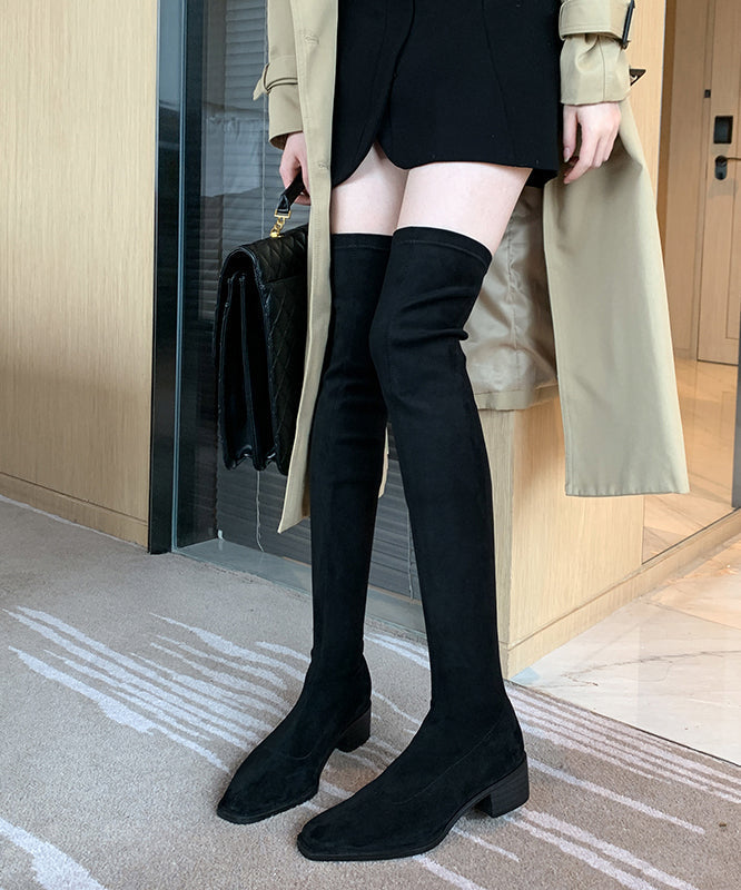 Versatile Black Elastic Fabric Chunky Knee Boots
