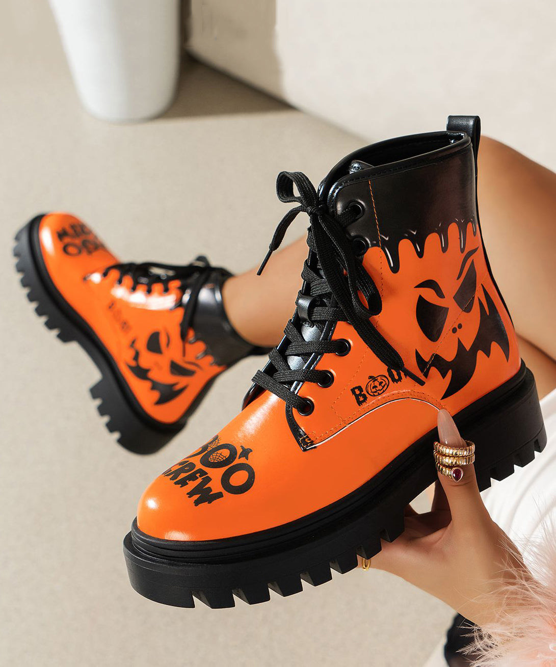 Stylish Orange Print Lace Up Splicing Faux Leather Chunky Boots