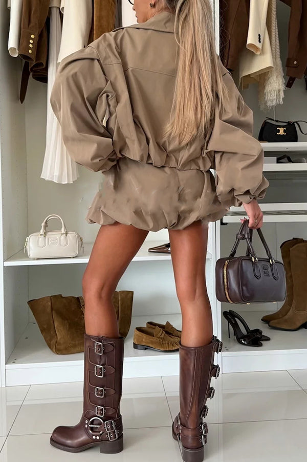 Style Button Long Balloon Sleeve Pocket Lapel Casual Bomber Jacket