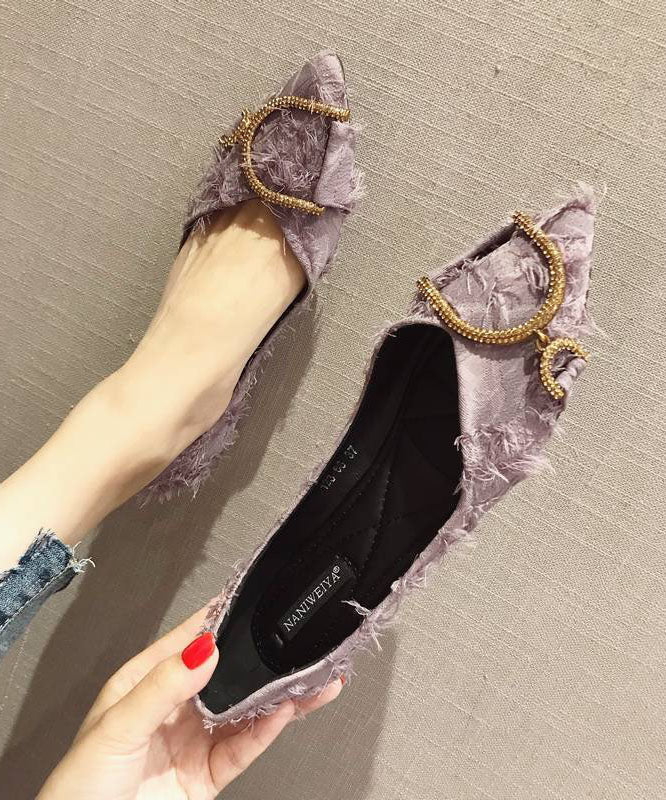 Zircon Splicing Pointed Toe Flat Shoes Purple Cotton Fabric