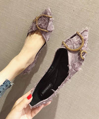 Zircon Splicing Pointed Toe Flat Shoes Purple Cotton Fabric