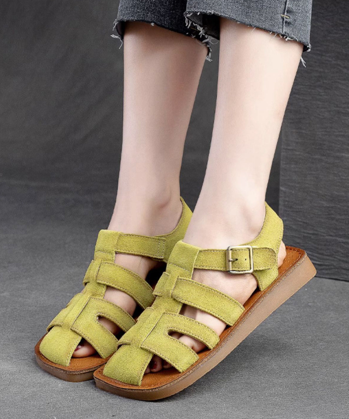 Vintage Handmade Green Cowhide Leather Flat Hollow Out Roman Sandals