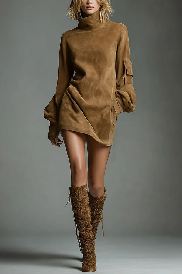 Suede High-Neck Long-Sleeved Casual Pocket Mini Dress