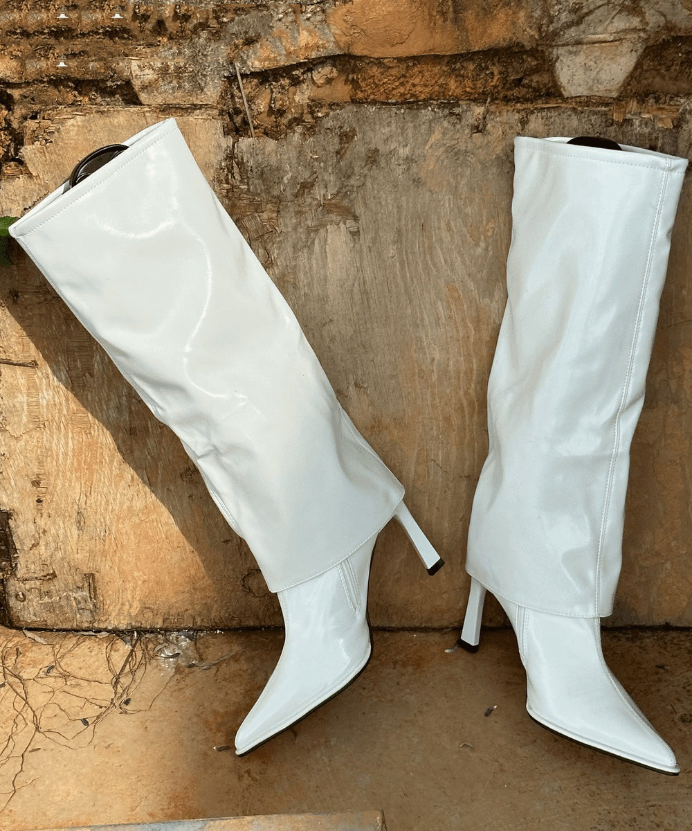 Black Faux Leather Stiletto Heels Boots Splicing