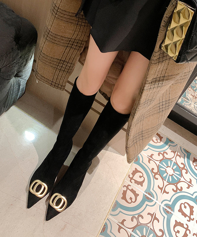 Stylish Splicing Stiletto Boots Black Suede Pointed Toe