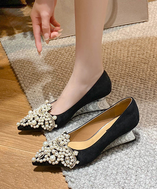 Suede Wedge Heels Shoes Splicing Black Pointed Toe Nail Bead