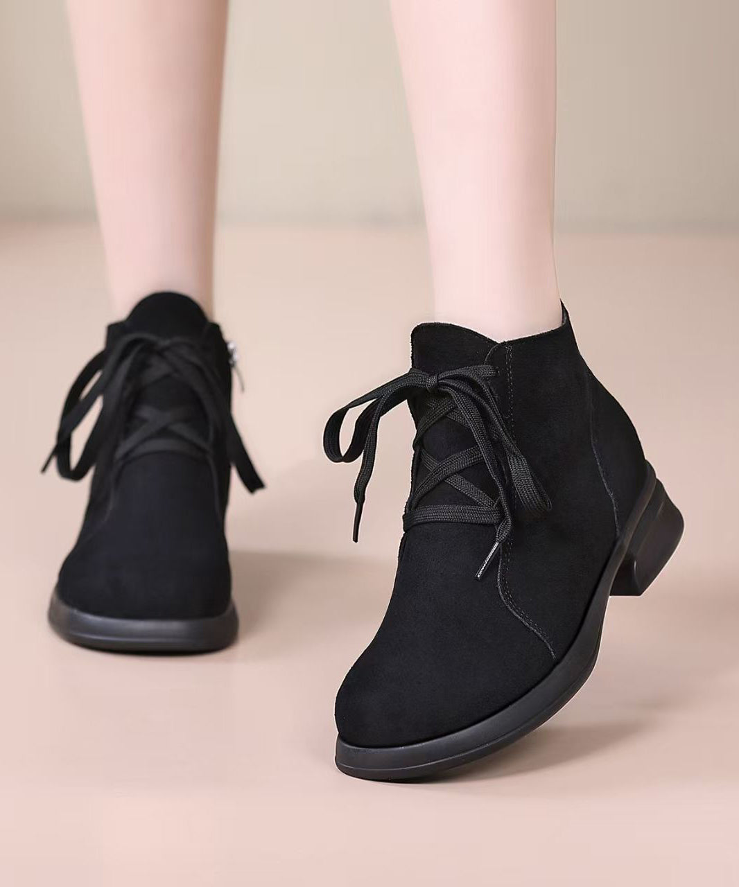 Brown Lace Up Chunky Suede Casual Splicing Boots