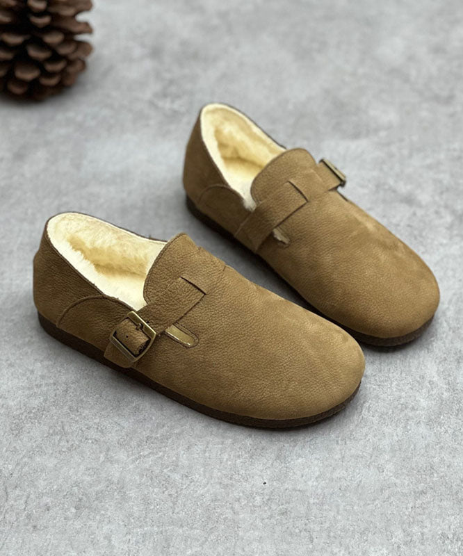 Coffee Cowhide Leather Flats Fuzzy Wool Lined Comfy Buckle Strap Flats