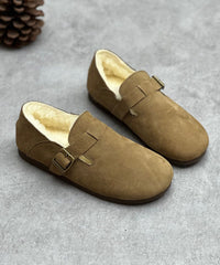 Coffee Cowhide Leather Flats Fuzzy Wool Lined Comfy Buckle Strap Flats