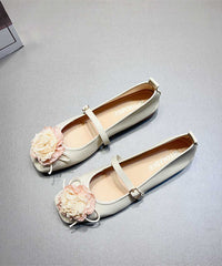 Apricot Faux Leather Flat Shoes Splicing Floral Buckle Strap
