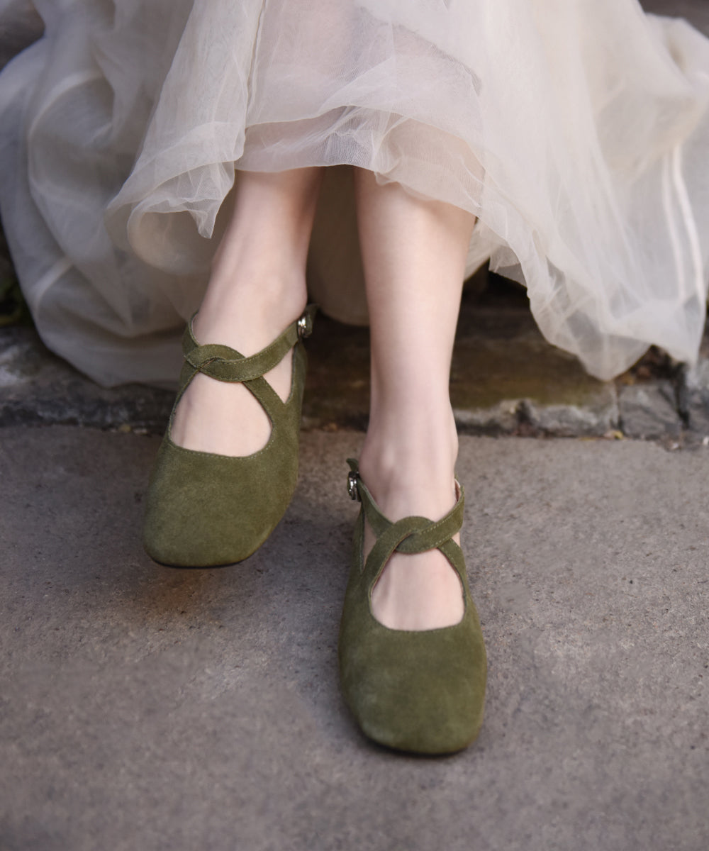 Comfy Flat Feet Shoes Green Suede Cross Strap