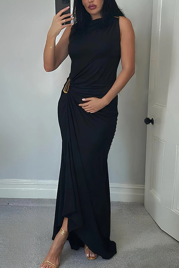 Metallic Embellishments Pleated Sleeveless Slim-fit Maxi Dress