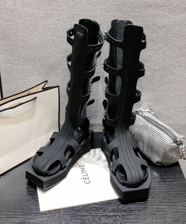 Black Hollow Out Rivet Zippered Splicing Platform Boots